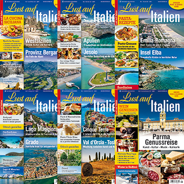 Mehrere Ausgaben der Zeitschrift ‚Lust auf Italien‘ mit verschiedenen italienischen Landschaften und kulinarischen Themen auf den Covern.