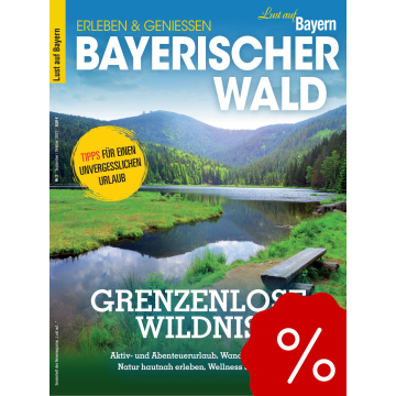 See mit Holzsteg im Vordergrund, umgeben von bewaldeten Hügeln unter blauem Himmel.