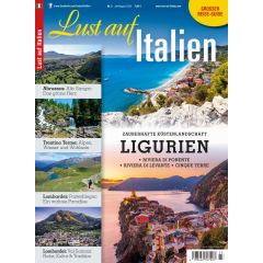 Titel 'Lust auf Italien' mit Landschaftsfotos von Ligurien, Abruzzen, Trentino und Lombardei, inklusive Küstenlandschaft und Bergpanoramen