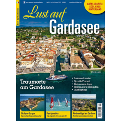 Titel 'Lust auf Gardasee' mit Luftaufnahme einer Stadt am Gardasee, Boot auf dem Wasser