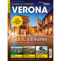 Titelblatt des Cityguides Verona mit nächtlicher Ansicht der Arena von Verona und historischen Gebäuden, Text zu Sehenswürdigkeiten, Kulinarik und Ausflugstipps rund um Verona