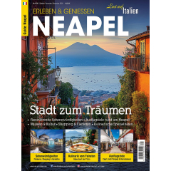 Blick auf Neapel mit Hafen, Stadt und Vesuv im Hintergrund bei Sonnenuntergang