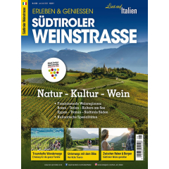 Titelblatt mit dem Titel 'Südtiroler Weinstraße' und Bildern von Weinbergen, Wanderern und Radfahrern in einer bergigen Landschaft