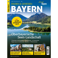 Bayerische Seen-Landschaft mit Bergen und See, Titel 'Oberbayerische Seen-Landschaft' und Tipps f&uuml;r Urlaub in Bayern